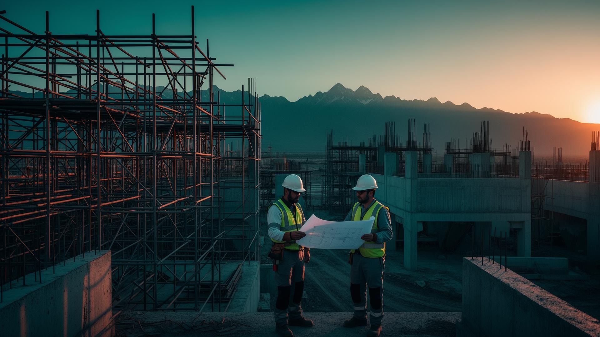 Obra de construcción en Chile con cordillera de los Andes